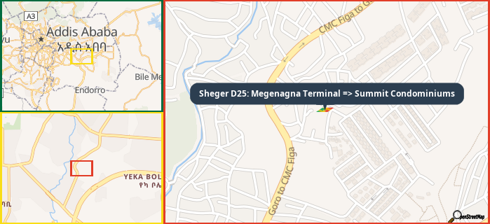 Map showing the address of Sheger D25: Megenagna Terminal => Summit Condominiums in three different zoom levels.