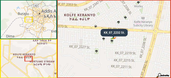 Map showing the address of KK_07_2232 St. in three different zoom levels.