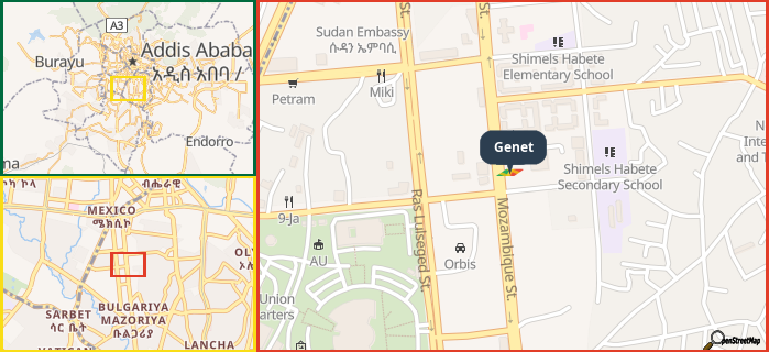 Map showing the address of Genet in three different zoom levels.