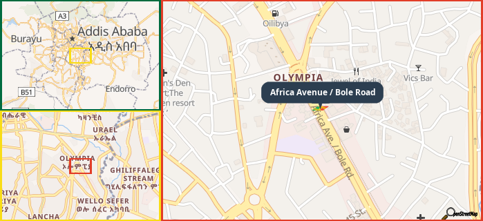 Map showing the address of Africa Avenue / Bole Road in three different zoom levels.