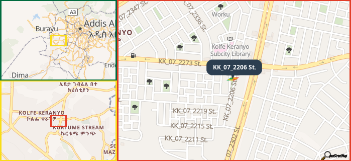 Map showing the address of KK_07_2206 St. in three different zoom levels.