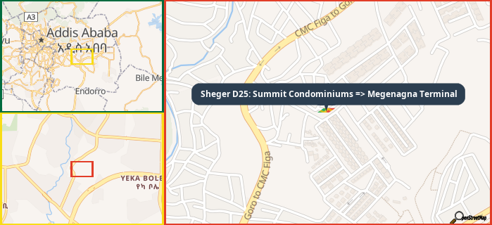 Map showing the address of Sheger D25: Summit Condominiums => Megenagna Terminal in three different zoom levels.