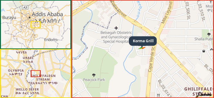Map showing the address of Korma Grill in three different zoom levels.