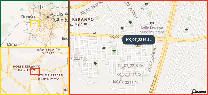 Map showing the address of KK_07_2216 St. in three different zoom levels.