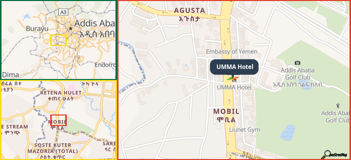 Map showing the address of UMMA Hotel in three different zoom levels.