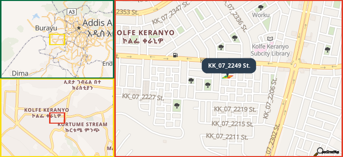 Map showing the address of KK_07_2249 St. in three different zoom levels.