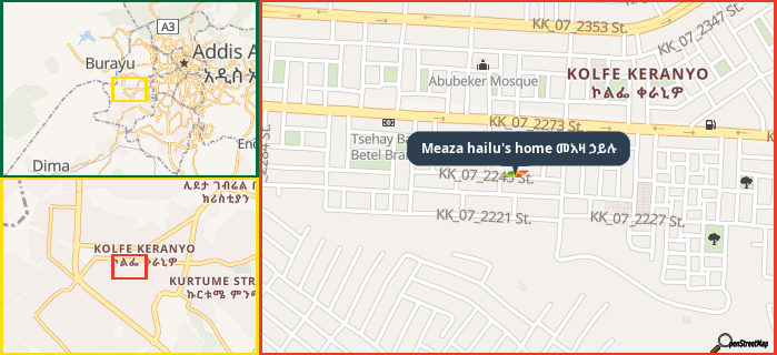 Map showing the address of Meaza hailu's home መአዛ ኃይሉ in three different zoom levels.