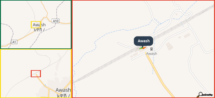 Map showing the address of Awash in three different zoom levels.