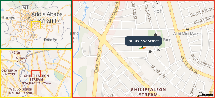 Map showing the address of BL_03_557 Street in three different zoom levels.