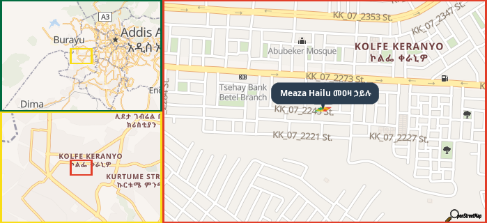 Map showing the address of Meaza Hailu መዐዛ ኃይሉ in three different zoom levels.