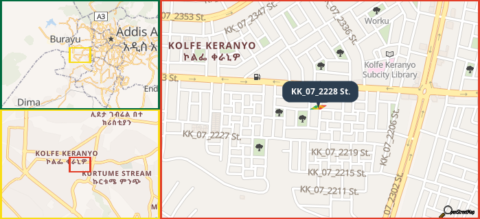 Map showing the address of KK_07_2228 St. in three different zoom levels.