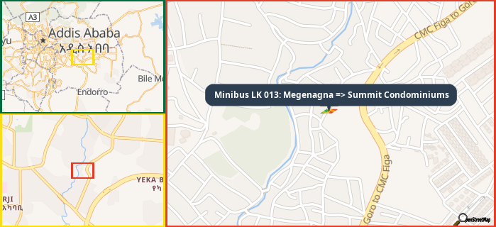 Map showing the address of Minibus LK 013: Megenagna => Summit Condominiums in three different zoom levels.