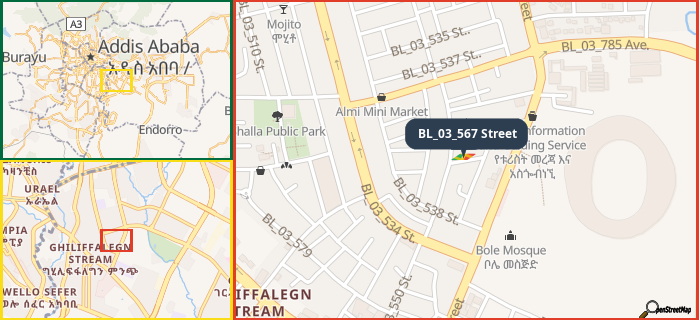 Map showing the address of BL_03_567 Street in three different zoom levels.