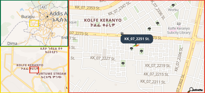 Map showing the address of KK_07_2251 St. in three different zoom levels.