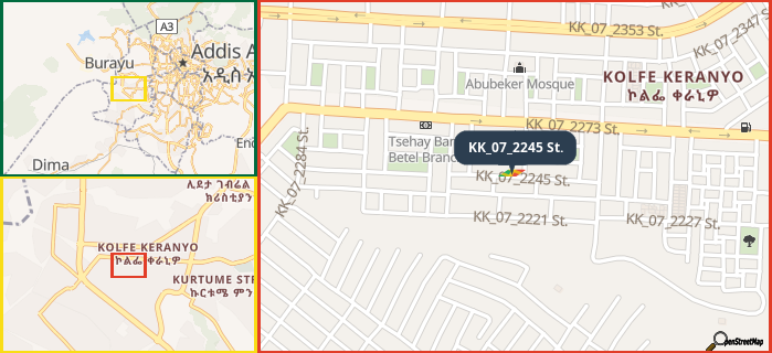 Map showing the address of KK_07_2245 St. in three different zoom levels.