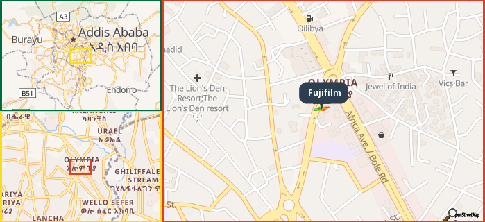 Map showing the address of Fujifilm in three different zoom levels.