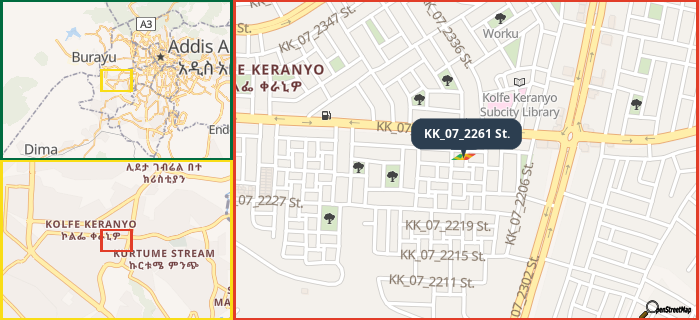 Map showing the address of KK_07_2261 St. in three different zoom levels.