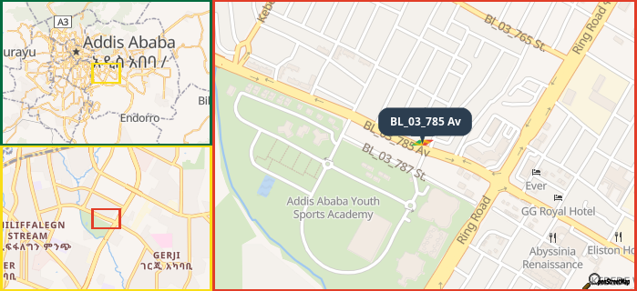 Map showing the address of BL_03_785 Av in three different zoom levels.