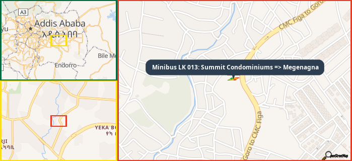Map showing the address of Minibus LK 013: Summit Condominiums => Megenagna in three different zoom levels.