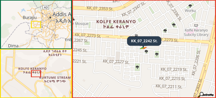 Map showing the address of KK_07_2242 St. in three different zoom levels.