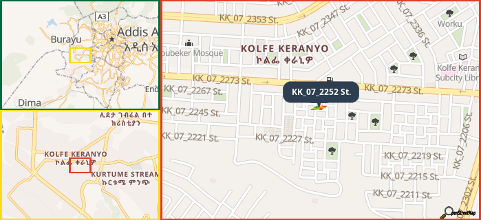 Map showing the address of KK_07_2252 St. in three different zoom levels.