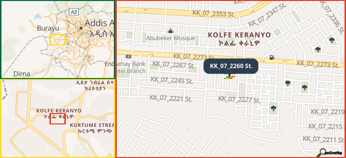 Map showing the address of KK_07_2260 St. in three different zoom levels.