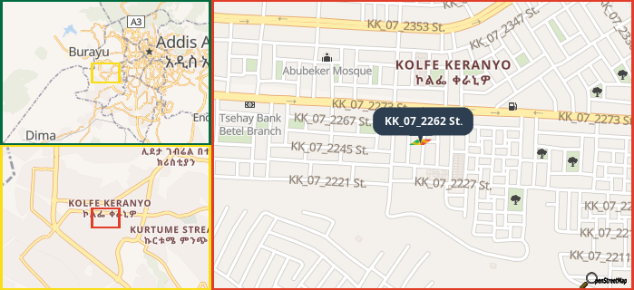 Map showing the address of KK_07_2262 St. in three different zoom levels.