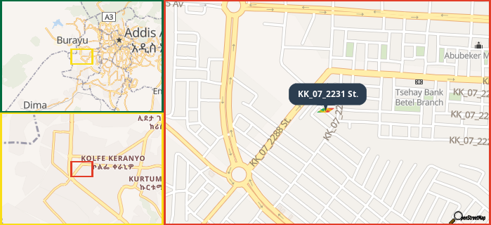 Map showing the address of KK_07_2231 St. in three different zoom levels.