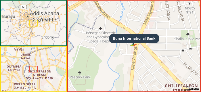 Map showing the address of Buna International Bank in three different zoom levels.