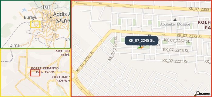 Map showing the address of KK_07_2245 St. in three different zoom levels.