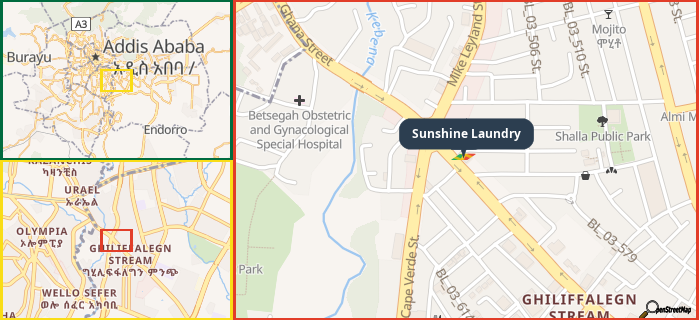 Map showing the address of Sunshine Laundry in three different zoom levels.