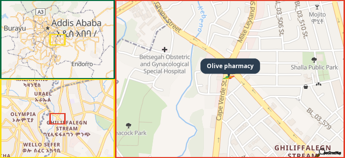 Map showing the address of Olive pharmacy in three different zoom levels.