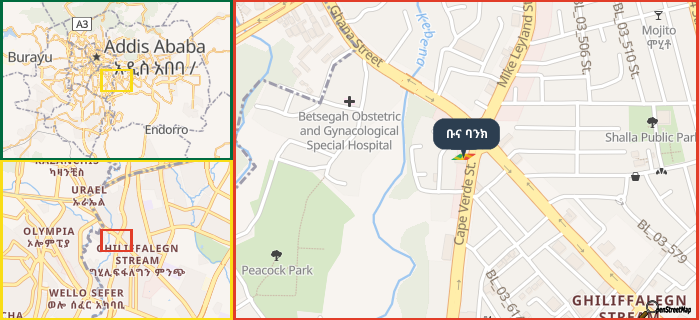 Map showing the address of ቡና ባንክ in three different zoom levels.