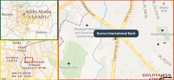 Map showing the address of Bunna International Bank in three different zoom levels.