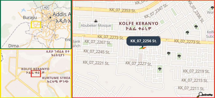 Map showing the address of KK_07_2256 St. in three different zoom levels.