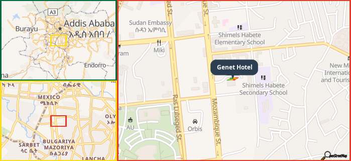 Map showing the address of Genet Hotel in three different zoom levels.