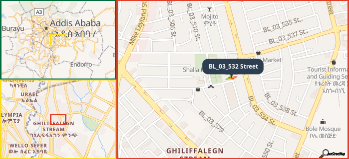 Map showing the address of BL_03_532 Street in three different zoom levels.