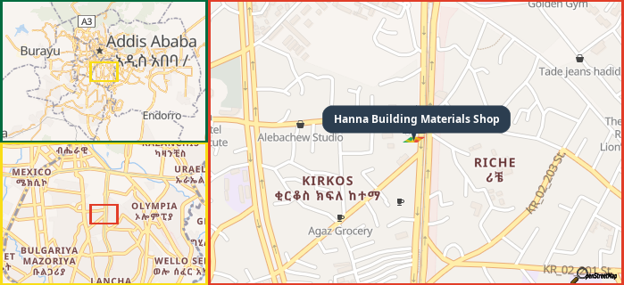 Map showing the address of Hanna Building Materials Shop in three different zoom levels.