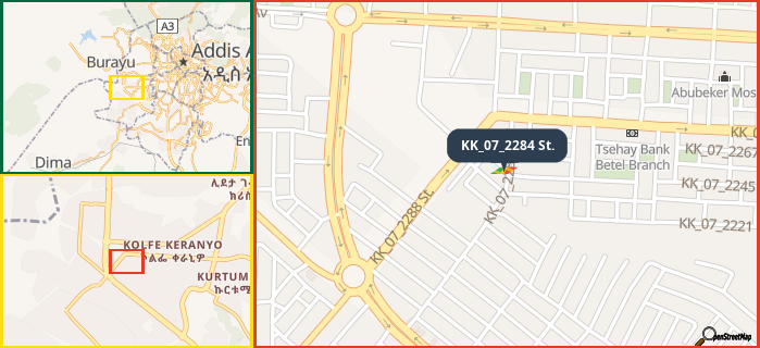 Map showing the address of KK_07_2284 St. in three different zoom levels.