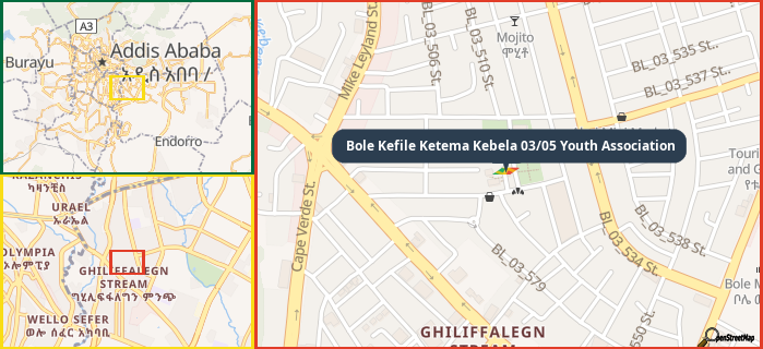 Map showing the address of Bole Kefile Ketema Kebela 03/05 Youth Association in three different zoom levels.