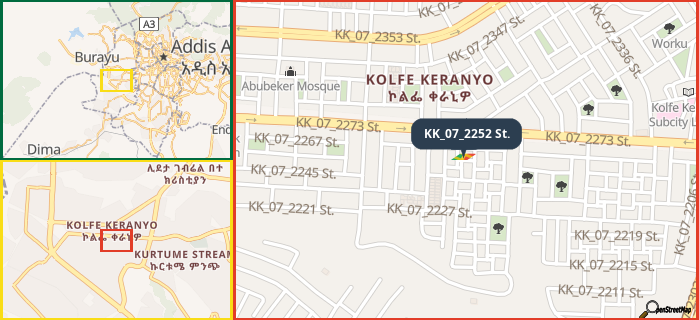 Map showing the address of KK_07_2252 St. in three different zoom levels.