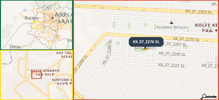 Map showing the address of KK_07_2276 St. in three different zoom levels.