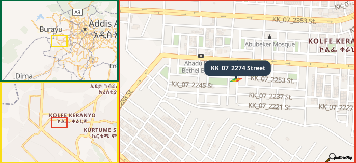 Map showing the address of KK_07_2274 Street in three different zoom levels.