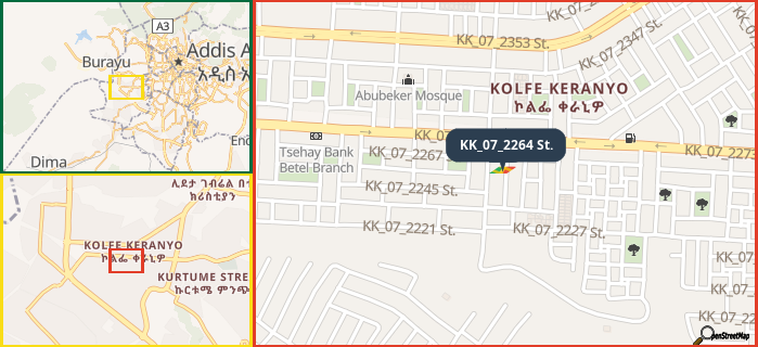 Map showing the address of KK_07_2264 St. in three different zoom levels.