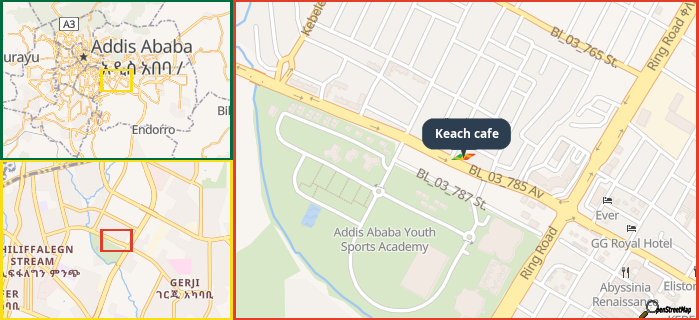 Map showing the address of Keach cafe in three different zoom levels.