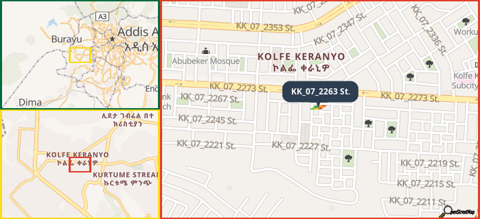 Map showing the address of KK_07_2263 St. in three different zoom levels.