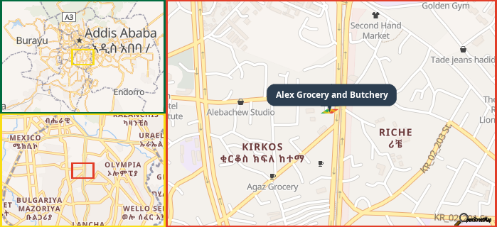 Map showing the address of Alex Grocery and Butchery in three different zoom levels.