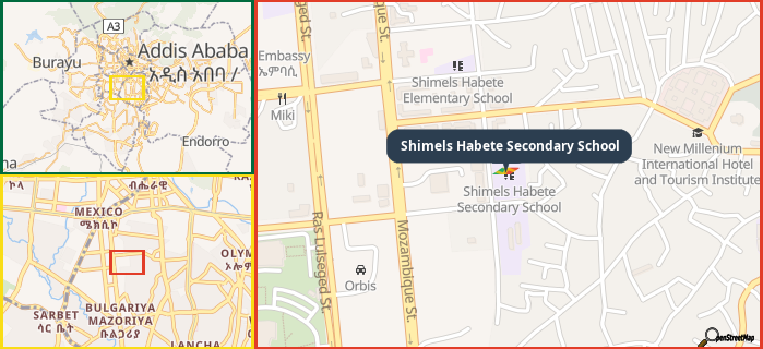 Map showing the address of Shimels Habete Secondary School in three different zoom levels.