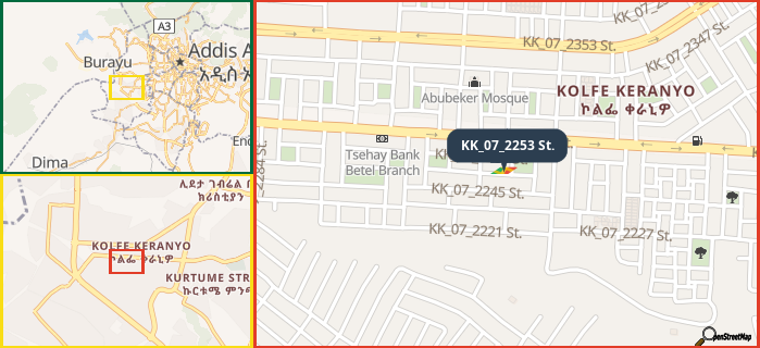 Map showing the address of KK_07_2253 St. in three different zoom levels.