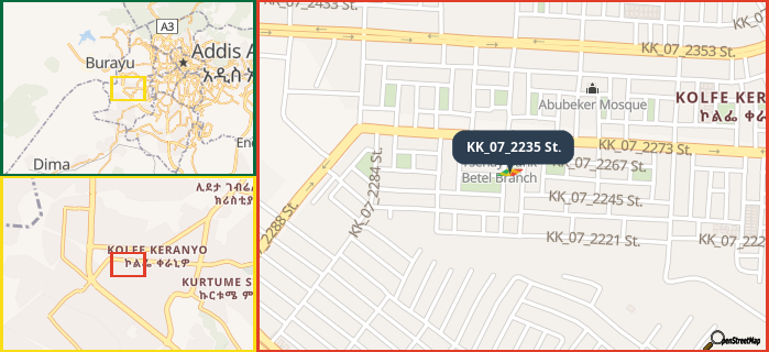 Map showing the address of KK_07_2235 St. in three different zoom levels.